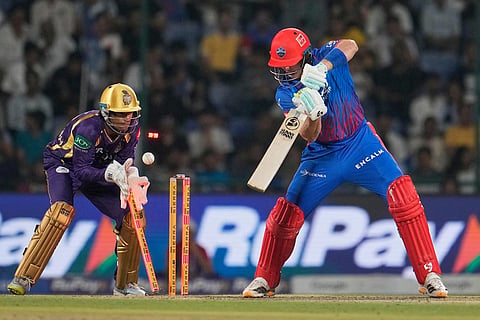 Delhi Capitals' Tristan Stubbs is bowled out by Kolkata Knight Riders' Anukul Roy during the Indian Premier League cricket match between Delhi Capitals and Kolkata Knight Riders in New Delhi.