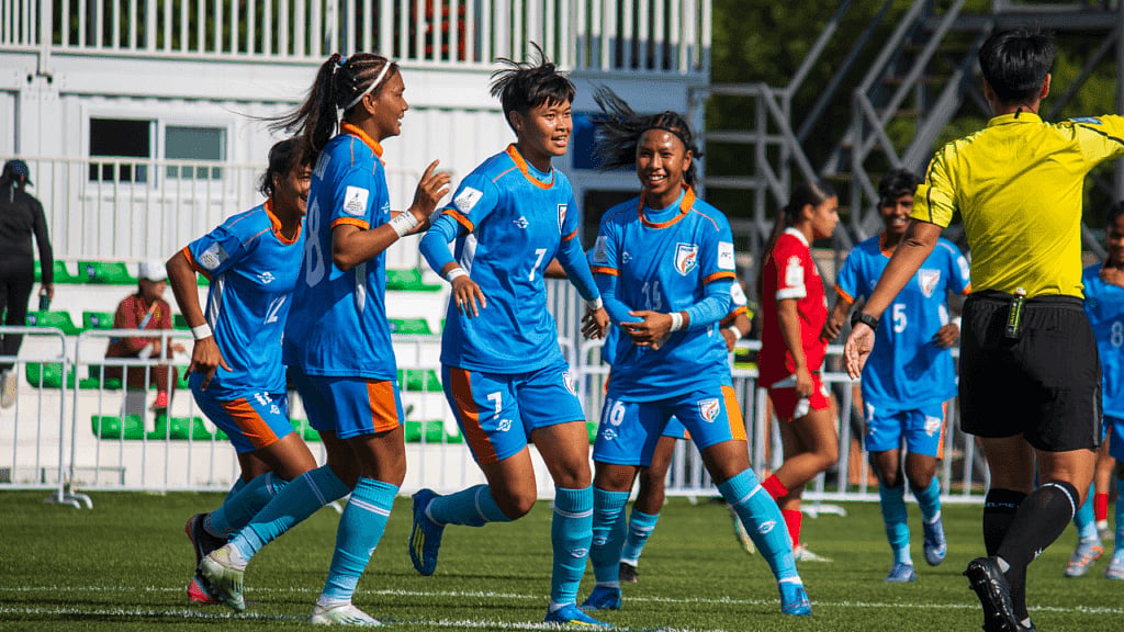 India celebrate a goal against Lebanon in their group B match of the AFC Under-17 Women's Asian Cup in Suzhou, China. - AIFF