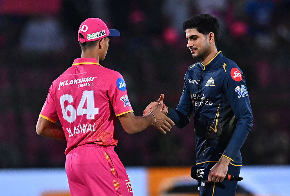 Rajasthan Royals' captain Yashasvi Jaiswal, left, and Gujarat Titans' captain Shubman Gill during the toss before an Indian Premier League (IPL) 2026 T20 cricket match between Rajasthan Royals and Gujarat Titans, in Jaipur. - | Photo: PTI