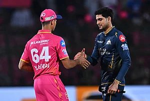 | Photo: PTI : Rajasthan Royals' captain Yashasvi Jaiswal, left, and Gujarat Titans' captain Shubman Gill during the toss before an Indian Premier League (IPL) 2026 T20 cricket match between Rajasthan Royals and Gujarat Titans, in Jaipur.