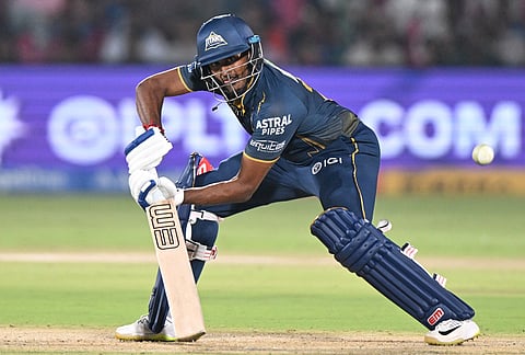 Gujarat Titans' Sai Sudharsan plays a shot during the Indian Premier League cricket match between Rajasthan Royals and Gujarat Titans in Jaipur.
