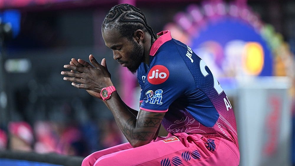 | Photo: AP : Rajasthan Royals Jofra Archer rests during the Indian Premier League cricket match between Rajasthan Royals and Sunrisers Hyderabad in Jaipur.