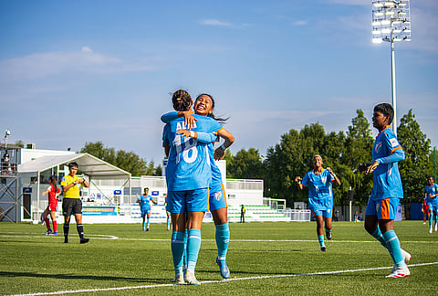 India players celebrate a goal against Lebanon in the AFC U17 Women's Asian Cup 2026 in Suzhou, China.