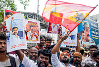 VCK Backs Vijay’s Bid To Form Tamil Nadu Government | Photo: PTI/R Senthilkumar : Tamilaga Vettri Kazhagam (TVK) and Viduthalai Chiruthaigal Katchi (VCK) supporters outside VCK party headquarters as party Treasurer SS Balaji and spokesperson KK Pavalan address a press conference on the official stand on supporting Vijay's TVK in forming the government in Tamil Nadu, in Chennai.