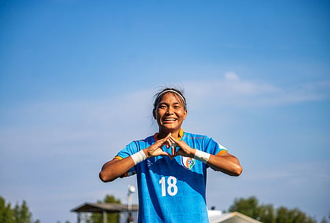 Alva Devi Senjam celebrates her goal for India against Lebanon in the AFC U17 Women's Asian Cup 2026 in Suzhou, China.