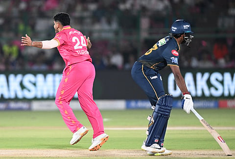 Rajasthan Royals' Tushar Despande appeals unsuccessfully for the wicket of Gujarat Titans' Sai Sudharsan during the Indian Premier League cricket match between Rajasthan Royals and Gujarat Titans in Jaipur.