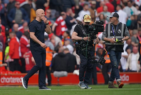 Liverpool's manager Arne Slot walks off the pitch after the Premier League soccer match between Liverpool and Chelsea in Liverpool, England.