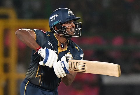 Gujarat Titans' Sai Sudharsan plays a shot during the Indian Premier League cricket match between Rajasthan Royals and Gujarat Titans in Jaipur.