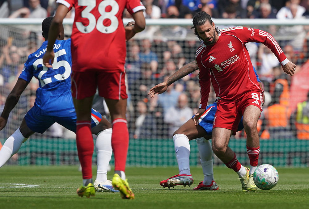 Liverpool's Dominik Szoboszlai in action during the Premier League soccer match between Liverpool and Chelsea in Liverpool, England. - | Photo: AP/Ian Hodgson