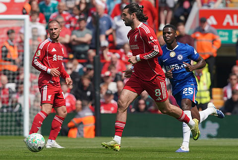 Liverpool's Dominik Szoboszlai in action in front of Chelsea's Moises Caicedo during the Premier League soccer match between Liverpool and Chelsea in Liverpool, England.

