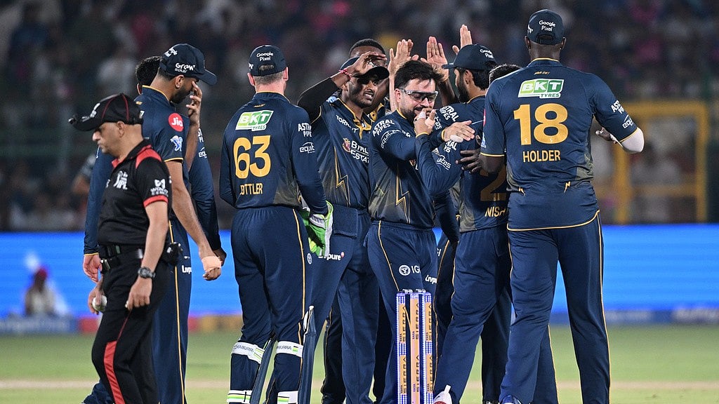 Kagiso Rabada, centre, celebrates with teammates the wicket of Yashasvi Jaiswal during the Indian Premier League match between Rajasthan Royals and Gujarat Titans in Jaipur. - Photo: AP