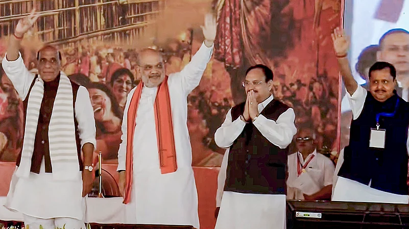 Rajnath Singh, Amit Shah, JP Nadda, and BJP National President Nitin Nabin