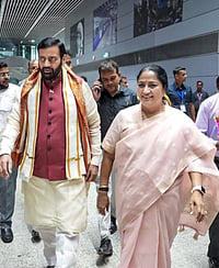 (@gupta_rekha/X via PTI Photo) : In this image posted on May 9, 2026, Delhi Chief Minister Rekha Gupta and Haryana CM Nayab Saini arrive at Netaji Subhas Chandra Bose International Airport to attend the swearing-in ceremony of BJP leader Suvendu Adhikari as the party forms the first government in West Bengal, in Kolkata. 
