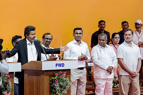 Tamilaga Vettri Kazhagam (TVK) chief C Joseph Vijay takes oath as the Tamil Nadu Chief Minister during the swearing-in ceremony, at Jawaharlal Nehru Stadium, in Chennai. Congress MP and Lok Sabha LoP Rahul Gandhi is also present.