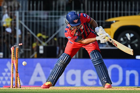Lucknow Super Giants' Himmat Singh bowled out by Chennai Super Kings' Anshul Kamboj during the Indian Premier League cricket match between Chennai Super Kings and Lucknow Super Giants in Chennai, India.