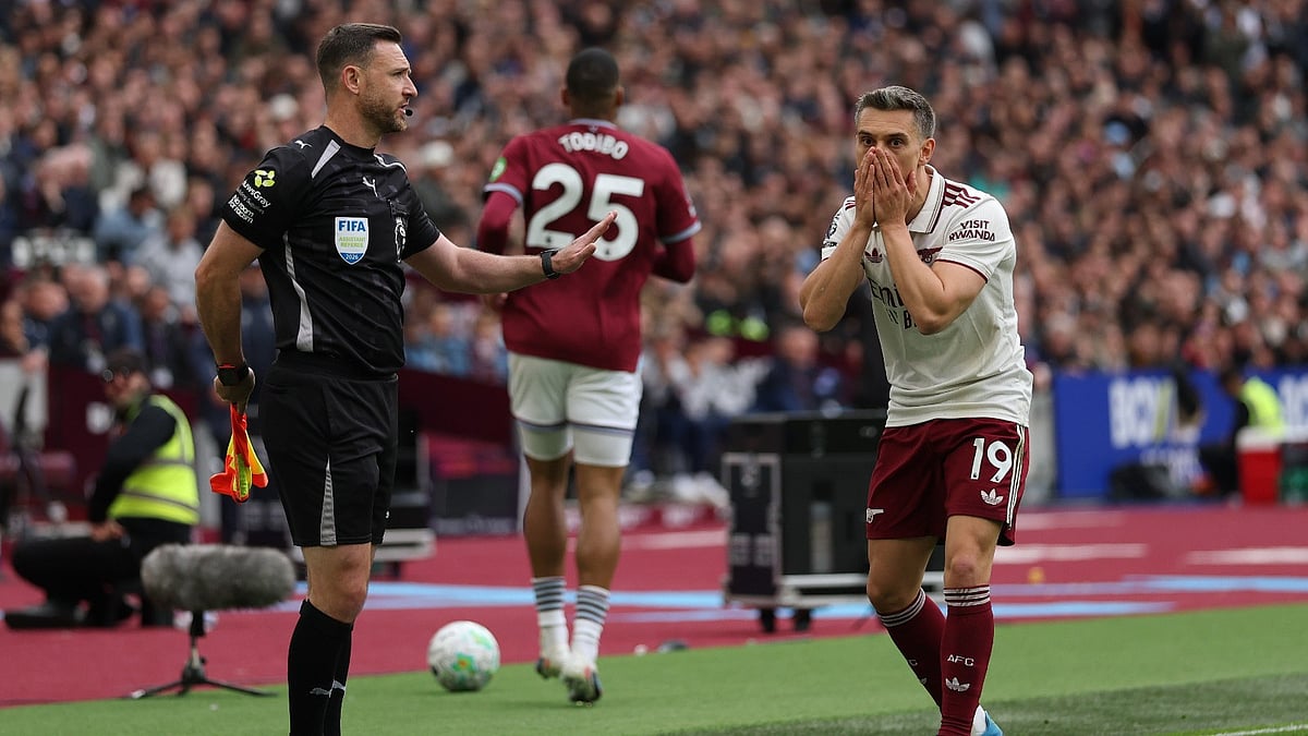 Arsenal's Leandro Trossard reacts during the Premier League soccer match between West Ham and Arsenal in London, Sunday. - AP Photo