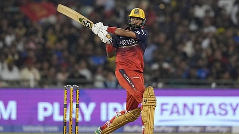 Royal Challengers Bengaluru's Krunal Pandya plays a shot during the Indian Premier League cricket match between Royal Challengers Bengaluru and Mumbai Indians in Raipur, India, Sunday, May 10, 2026. 
