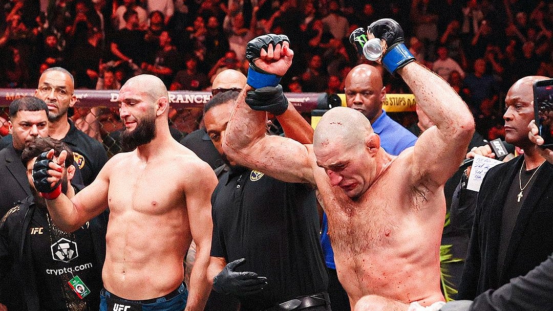 Sean Strickland (right) reacts after beating Khamzat Chimaev. - UFC