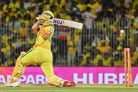 Chennai Super Kings' Dewald Brevis bowled out by Lucknow Super Giants' Digvesh Rathi during the Indian Premier League cricket match between Chennai Super Kings and Lucknow Super Giants in Chennai, India.