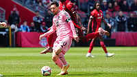 Toronto FC 2-4 Inter Miami, MLS 2026: Lionel Messi Brace And Assist Seal Landmark Century | Photo: AP/Frank Gunn : Inter Miami CF midfielder Lionel Messi (10) looks for a shot on goal as Toronto FC midfielder Malik Henry (78) tries to defend during first half MLS soccer in Toronto on Saturday, May 9, 2026.