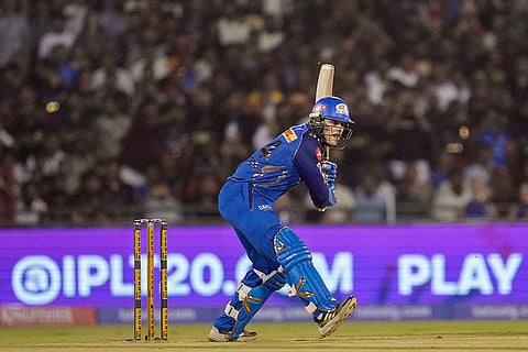 Mumbai Indians' Ryan Rickelton plays a shot during an Indian Premier League (IPL) 2026 T20 cricket match between Royal Challengers Bengaluru and Mumbai Indians, in Raipur, Chattisgarh.