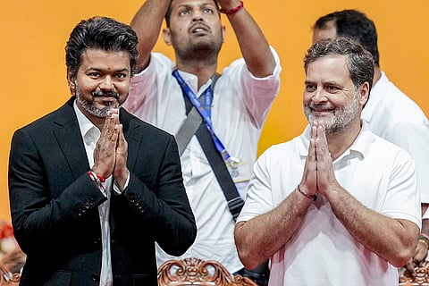Newly-elected Tamil Nadu Chief Minister and Tamilaga Vettri Kazhagam (TVK) chief C Joseph Vijay with Congress MP and Lok Sabha LoP Rahul Gandhi during the former’s swearing-in ceremony, at Jawaharlal Nehru Stadium, in Chennai.