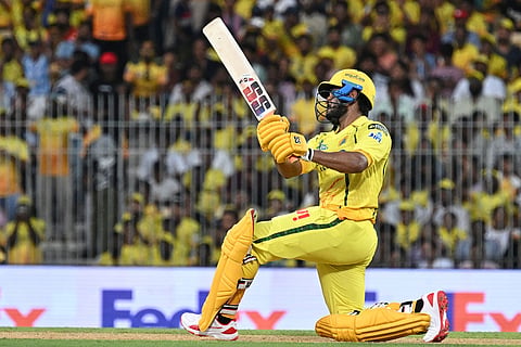 Chennai Super Kings' Urvil Patel hits a six during the Indian Premier League cricket match between Chennai Super Kings and Lucknow Super Giants in Chennai, India.
