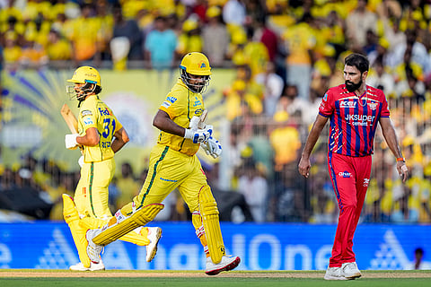 Chennai Super Kings' Sanju Samson and captain Ruturaj Gaikwad run between the wickets during the Indian Premier League (IPL) 2026 T20 cricket match between Chennai Super Kings and Lucknow Super Giants, in Chennai, Tamil Nadu.