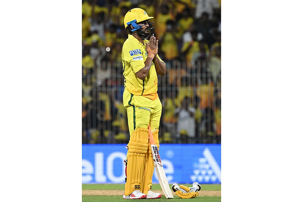 Chennai Super Kings Urvil Patel celebrates his fifty runs