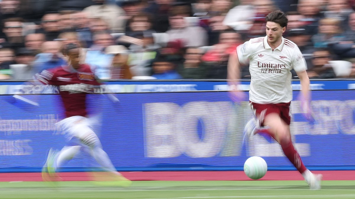 Arsenal's Declan Rice in action during the Premier League soccer match between West Ham and Arsenal in London. - AP Photo