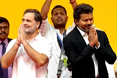 Lok Sabha Leader of Opposition Rahul Gandhi (L) and Tamil Nadu CM Vijay (R) - | Photo: @TVKVijayHQ-Offl/YT via PTI