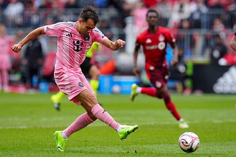 Inter Miami CF defender Sergio Reguilon (3) scores a goal during second half MLS soccer against Toronto FC, in Toronto.