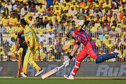 Lucknow Super Giants' Aiden Markram run out by Chennai Super Kings' Dewald Brevis during the Indian Premier League cricket match between Chennai Super Kings and Lucknow Super Giants in Chennai, India.