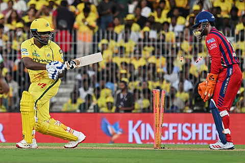 Chennai Super Kings' Sanju Samson bowled out by Lucknow Super Giants' Digvesh Rathi during the Indian Premier League cricket match between Chennai Super Kings and Lucknow Super Giants in Chennai, India.