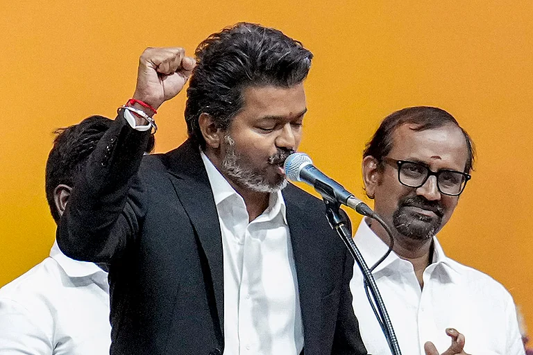 Tamilaga Vettri Kazhagam (TVK) chief C Joseph Vijay takes oath as the Tamil Nadu Chief Minister during the swearing-in ceremony, at Jawaharlal Nehru Stadium, in Chennai. - Photo: PTI/R Senthilkumar