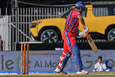 Lucknow Super Giants' captain Rishabh Pant bowled out by Chennai Super Kings' Jamie Overton during the Indian Premier League cricket match between Chennai Super Kings and Lucknow Super Giants in Chennai, India.