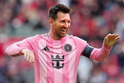 Inter Miami CF midfielder Lionel Messi (10) celebrates his goal during second half MLS soccer against Toronto FC, in Toronto.