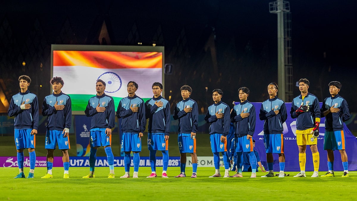 Indian players sing the national anthem before the start of their AFC U17 Asian Cup 2026 match against Uzbekistan. - Photo: AIFF