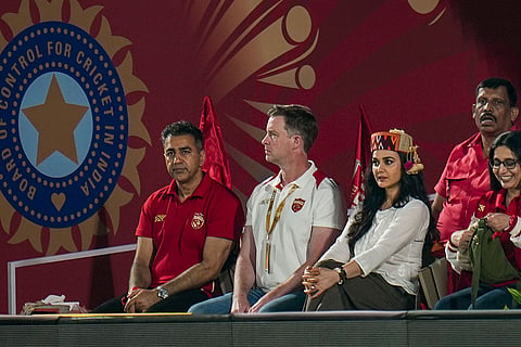 Punjab Kings' co-owner Preity Zinta, second right, during an Indian Premier League (IPL) 2026 T20 cricket match between Punjab Kings and Delhi Capitals, in Dharamshala, Himachal Pradesh.