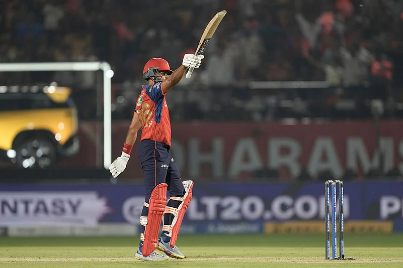 Punjab Kings captain Shreyas Iyer celebrates his fifty runs