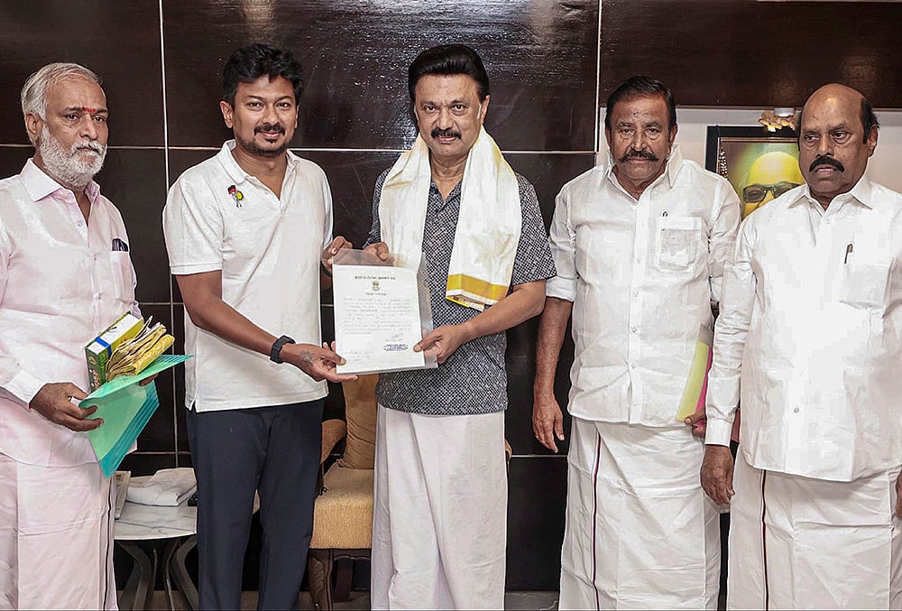 DMK President MK Stalin with party MLA-elect from Chepauk-Thiruvallikeni constituency, Udhayanidhi Stalin during a meeting before the latter’s takes oath as MLA of the Tamil Nadu Legislative Assembly.  - | Photo: @Udhaystalin/X via PTI