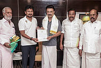 Day In Pics: May 11, 2026 | Photo: @Udhaystalin/X via PTI : DMK President MK Stalin with party MLA-elect from Chepauk-Thiruvallikeni constituency, Udhayanidhi Stalin during a meeting before the latter’s takes oath as MLA of the Tamil Nadu Legislative Assembly.
