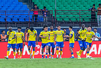 | Photo: Special Arrangement : Kerala Blasters players celebrate during the ISL 2025-26 match against Mohammedan Sporting in Kochi.