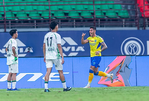 Francisco Feuillassier celebrates after scoring for Kerala Blasters against Mohammedan Sporting in Kochi.