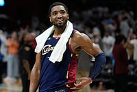 Cavs 116-109 Pistons, NBA Playoffs: Harden, Strus Help Register Win For Cavaliers | Photo: AP/Sue Ogrocki : Cleveland Cavaliers guard Donovan Mitchell (45) smiles as fans cheer while he is interviewed after the Cavaliers defeated the Detroit Pistons in Game 3 of a second-round NBA playoffs basketball series in Cleveland.