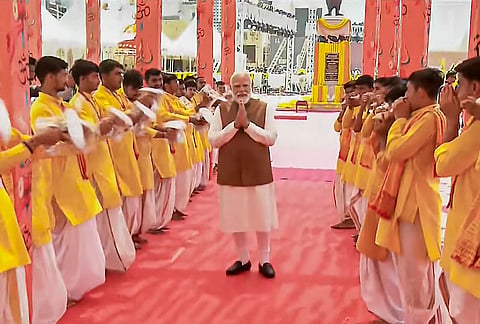Prime Minister Narendra Modi during a visit to Somnath temple, in Veraval, Gir Somnath district, Gujarat. 