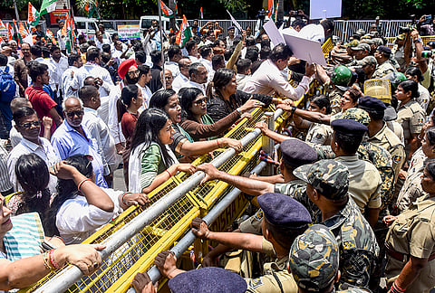 Khordha District Congress Committee (DCC) supporters demonstrates a ‘gherao’ of the Bhubaneswar Commissionerate Police Office to protest against alleged brutal murders in Balipatna and Balianta, claiming a collapse of law and order in the state, Odisha.