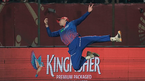 Tristan Stubbs attempts unsuccessfully to take a catch during the Indian Premier League match between Delhi Capitals and Punjab Kings in Dharamsala.