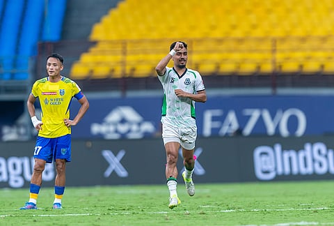 Mohammedan Sporting players celebrate a goal against Kerala Blasters during the ISL 2025-26 match in Kochi.