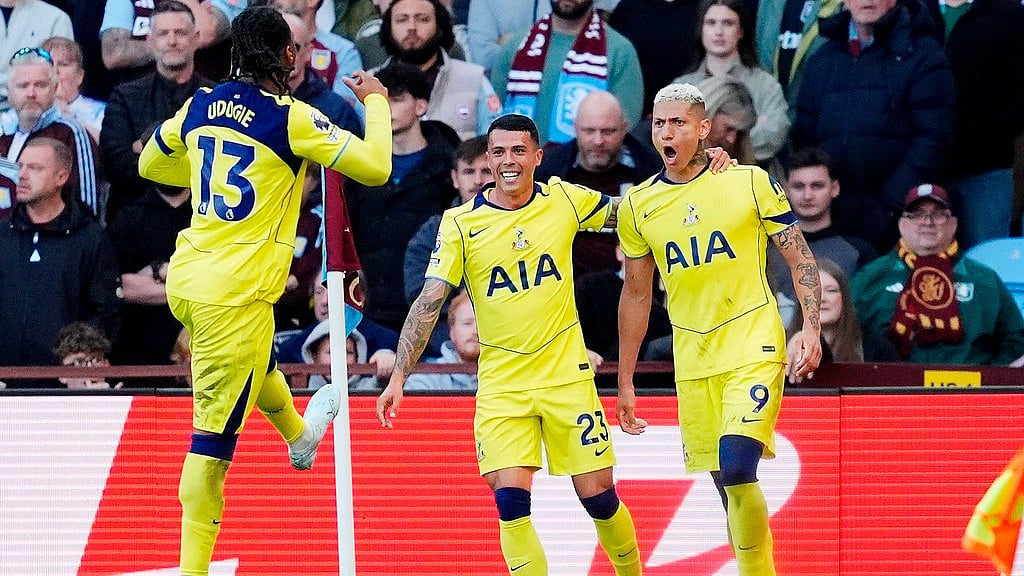 Richarlison, right, celebrates scoring his side's second goal during the English Premier League match between Aston Villa and Tottenham Hotspur in Birmingham. - Photo: Nigel French/PA via AP